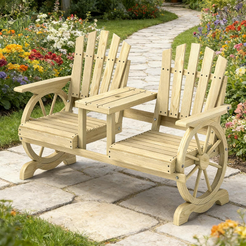 High Backrest Wooden Garden Bench,2-Seat Patio Bench