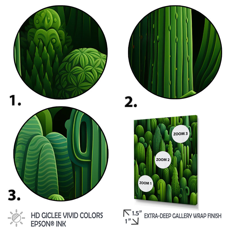 «Green Cactus Desert II - Floral Cactus», art mural, Cadre simple noir, H 32 po x l 24 po x P 1 po