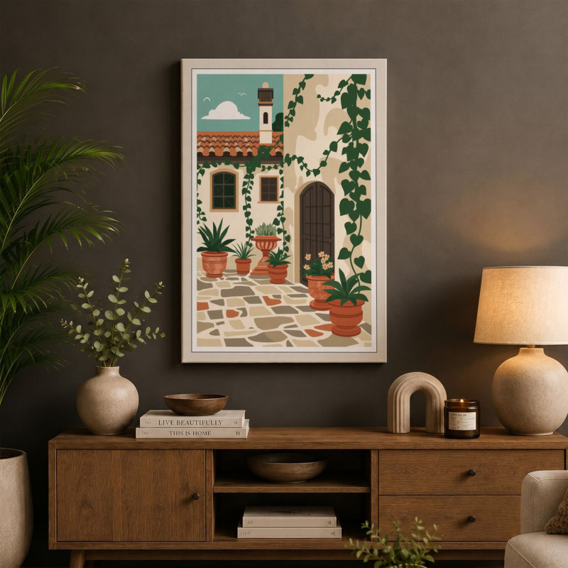 Mediterranean Courtyard Coastal - Wrapped Canvas, 24x16 - 61.0 x 40.6 cm, Ochre Border