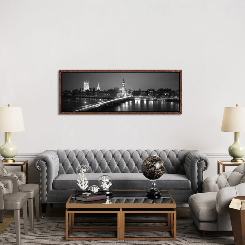 England, London, Parliament, Big Ben (black & White) by Panoramic Images - Floater Frame Panoramic Gallery-Wrapped Canvas Giclée on Canvas
