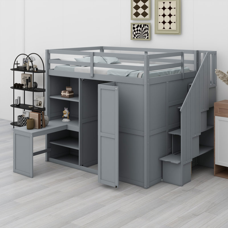 Lit mezzanine avec garde-robe, bureau et tablettes, Gris