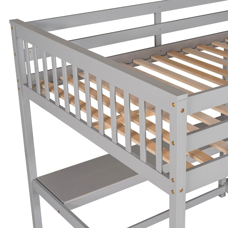 Lit mezzanine double avec tablettes de rangement et bureau sous le lit, Gris