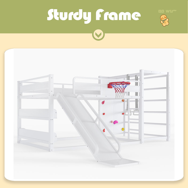 Metal Loft Bed With Basketball Hoop, Pull-Up Rings, Climbing Wall, And Built-In Bookshelves. Playful Children's Design Featuring A Slide