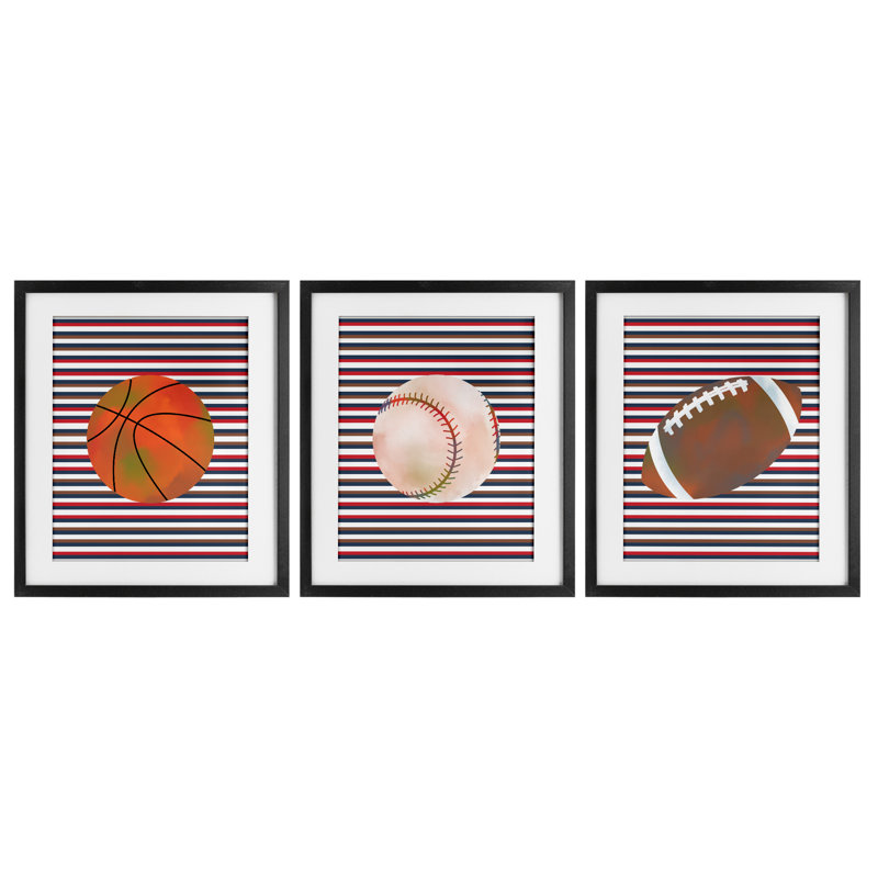 Rayures et balles de sport, ensemble de 3 impressions encadrées sous verre, design par Marcus Prime, Cadre noir minuit
