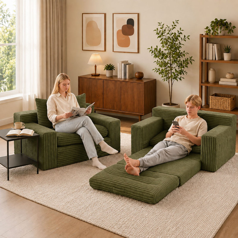 Canapé-lit convertible 4 en 1 sans os, canapé-lit futon deux places en velours côtelé avec coussin supérieur amovible, poignée de traction et poche latérale pour chambre, salon et petits espaces
