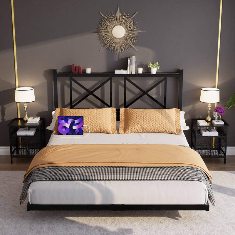 Base de lit plateforme pleine grandeur flottante - tête de lit avec rangement, charge USB, lumières DEL RVB, lattes en acier robustes, assemblage facile, noir