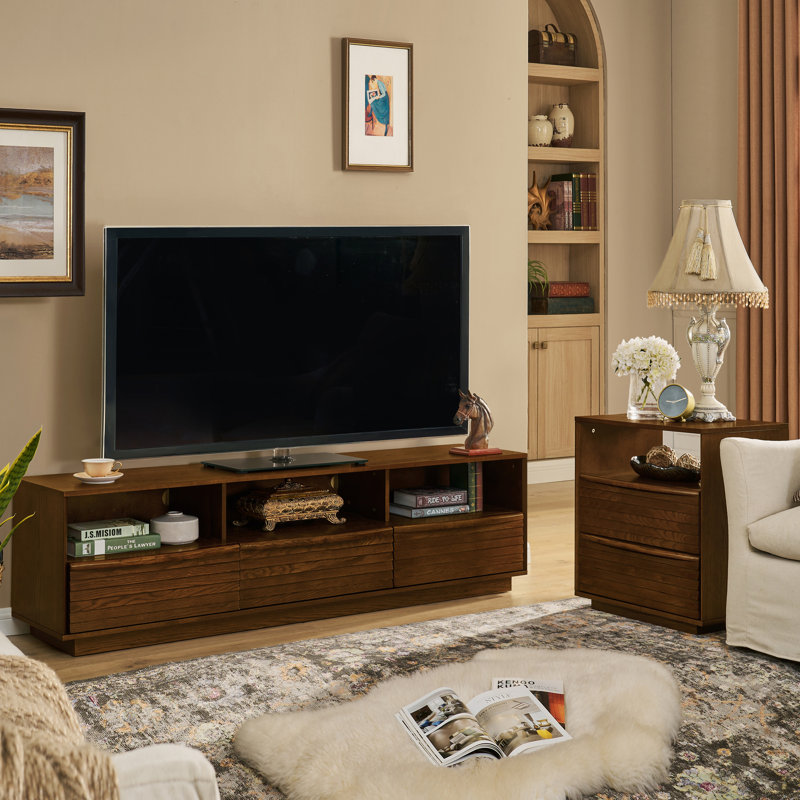 63" Mid-Century Modern TV Stand for TVs up to 75" - Thick Sturdy Farmhouse Entertainment Cabinet with Louver Design, Solid Wood Drawers & Outlet Holes, Media Console for Living Room
