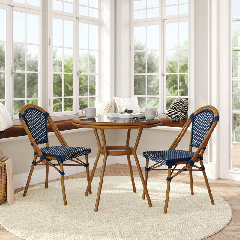 Rylan Indoor/Outdoor Commercial Bistro Set with Table and Two Chairs, Brown/Blue