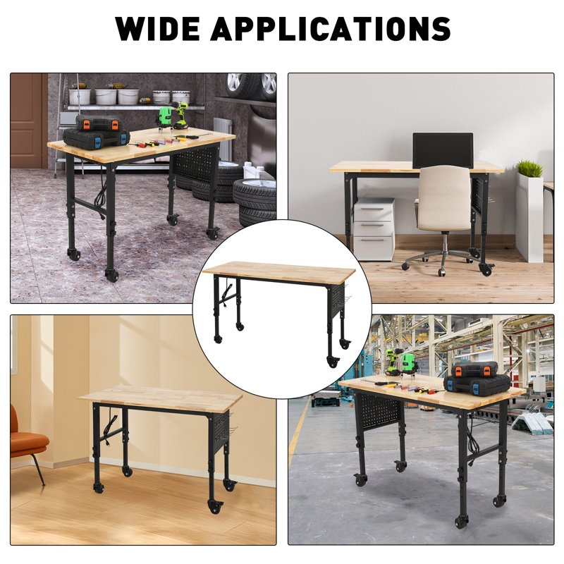 Work Benches for Garage,Garage Workbench with Wheels,Adjustable Height Workbench,Work Table 2000Lbs Load Capacity Heavy Duty MDF Wood Desktop Work Table for Garage Warehouse Utility Room