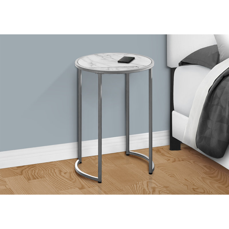 Emeli End Table – Round Faux Marble Top with Black Metal Curved Base, Modern Accent for Living Room, Silver, White