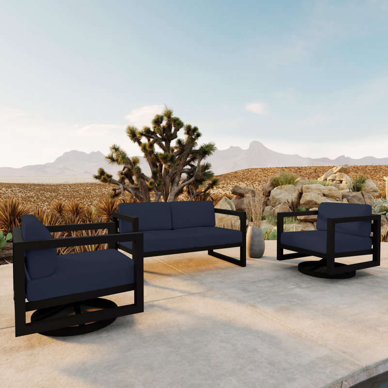 Avion 3 Piece Loveseat Set With Swivel, Spectrum Indigo Sunbrella®, Slate