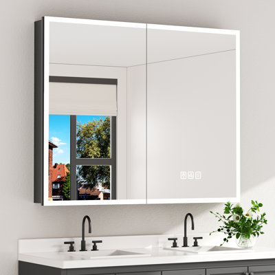40 In. W X 32 In. H Rectangular Aluminum LED Medicine Cabinet with Mirror and Flowing Light, Dimmable, Anti-Fog, Black