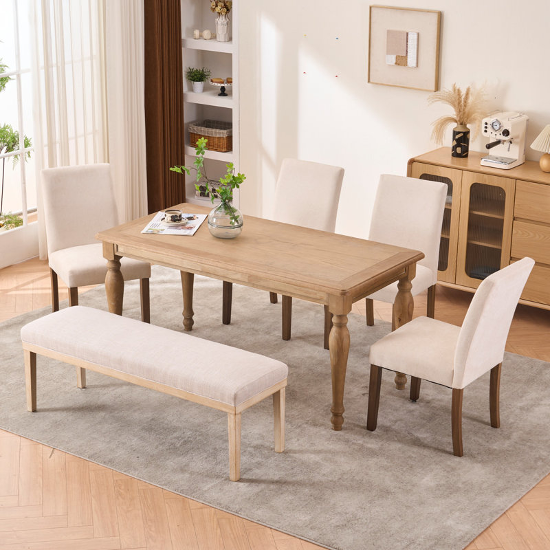 Person Dining Chairs Set With Upholstered Chairs And Bench For 2-4 Person, Ivory/Beige, Light Brown