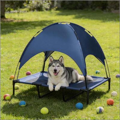 Elevated Dog Bed with Canopy, Breathable Mesh Cooling Dog Cot with Powder-Coated Steel Frame, Portable Raised Pet Bed with Travel Bag for Outdoor Indoor Medium Dogs