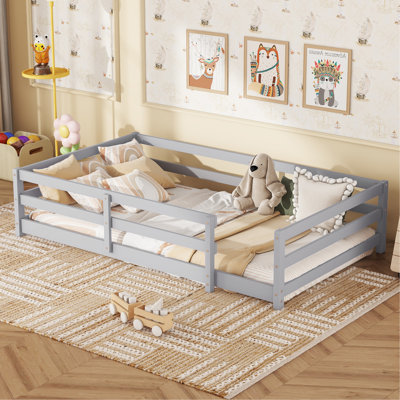 Lit simple au sol, lit au sol avec clôture Montessori, lit simple pour enfants Montessori, lit au sol en bois Montessori pour enfants, filles, garçons, gris.