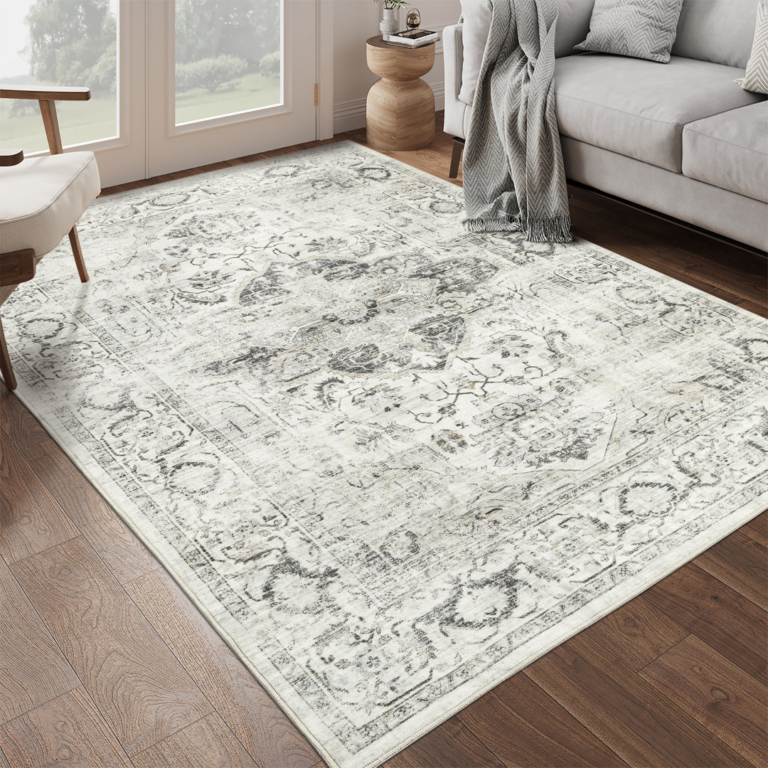 Vintage Stain Resistant Anti-Slip Washable Rug for Living Room Bedroom(Ivory/Grey) Williston Forge Rug 