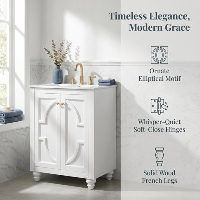 Meuble-lavabo moderne de 24 po avec motif elliptique orné, pieds cylindriques français, charnières à fermeture en douceur, lavabo en céramique, armoire en bois massif et panneau de fibres à densité moyenne, conception autoportante pour les petites salles de bain