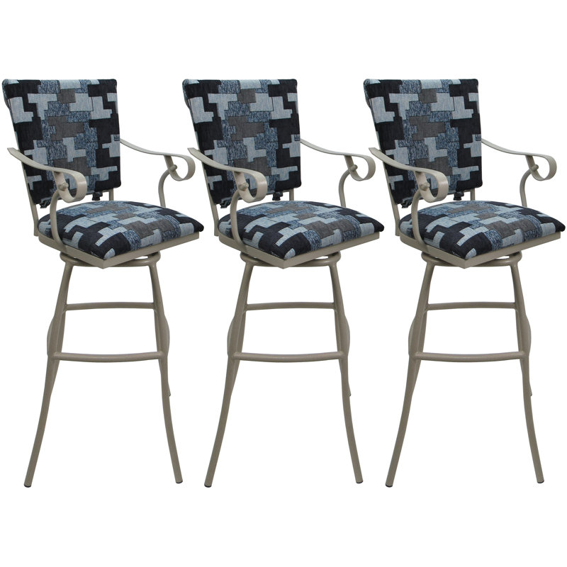 Ensemble de 3 tabourets de bar d'intérieur d'extérieur - Dossier rembourré avec accoudoirs, Beige, Marine