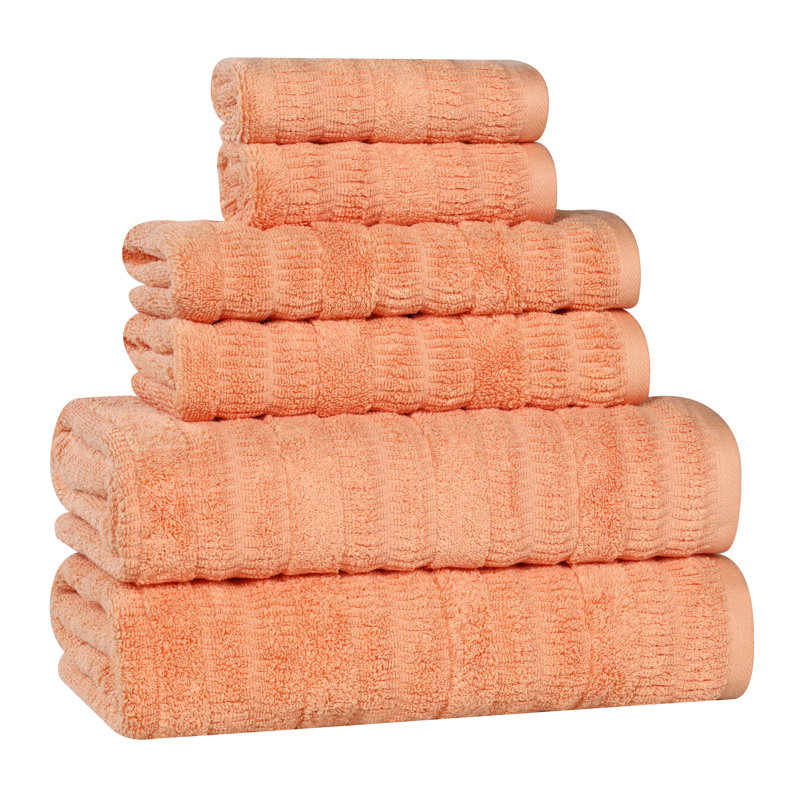 Mika Smart Twist Viscose Cotton Blend Medium Weight Solid Textured Ribbed 6 Piece Towel Set, Peach