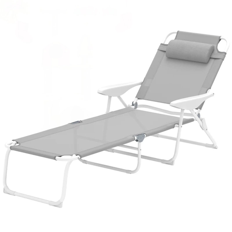 Light Gray Folding Chaise Lounge Chair For Outdoor Tanning, Adjustable Backrest And Breathable Mesh Fabric, Light Gray