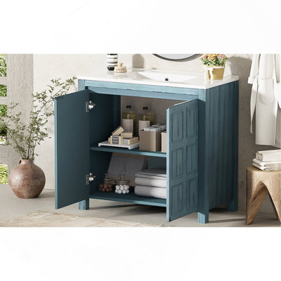 Organisateur de meuble-lavabo 36 po avec lavabo en céramique, ensemble d'armoire de rangement, bleu rétro
