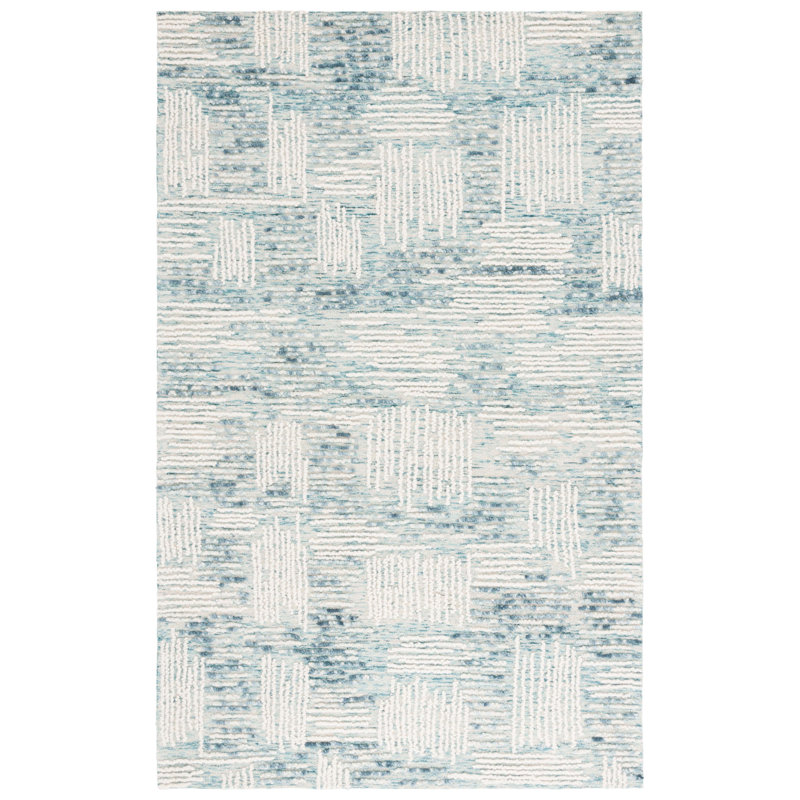 Weybossett Abstract Hand Tufted Wool Cotton Abstract Rug in Ivory/Blue, Rectangle 5' x 8'
