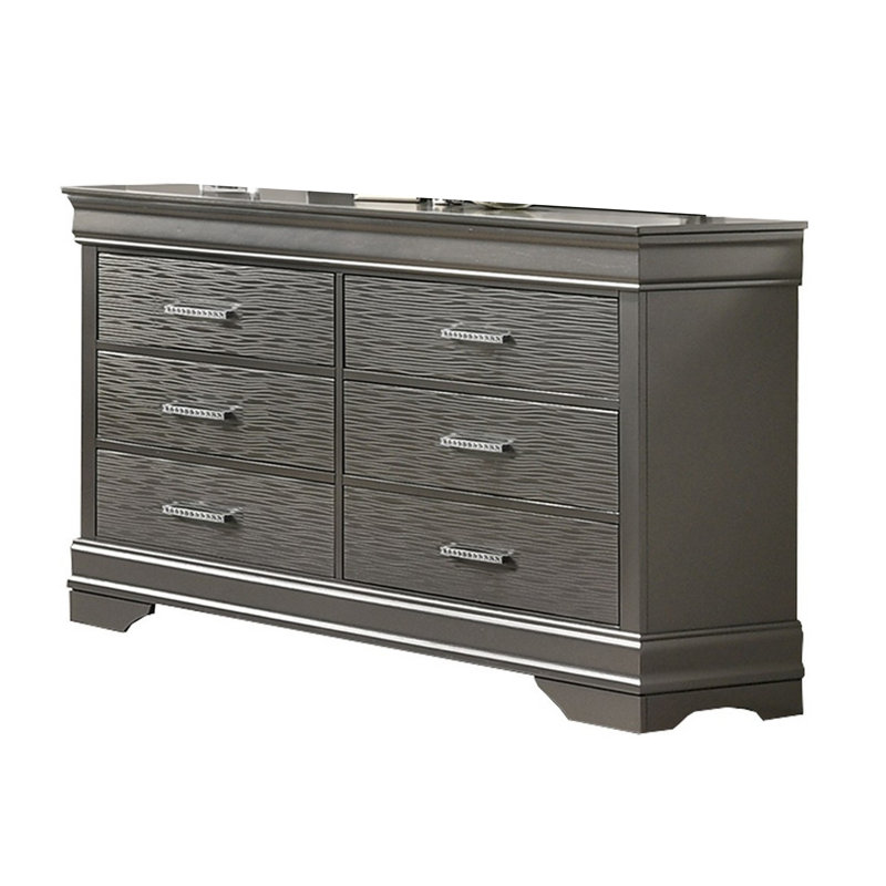 Commode large Jean, 6 tiroirs, chrome, bois massif gris foncé