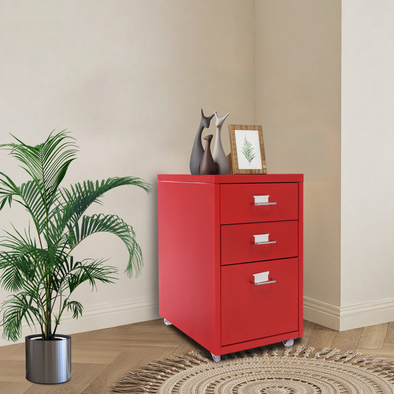 Cold-Rolled Steel Mobile Filing Cabinet With 3 Drawers For Home And Office, Red