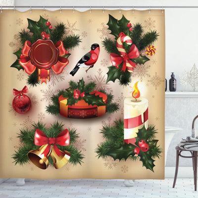 Rideau de douche avec décorations de noël et crochets de noël