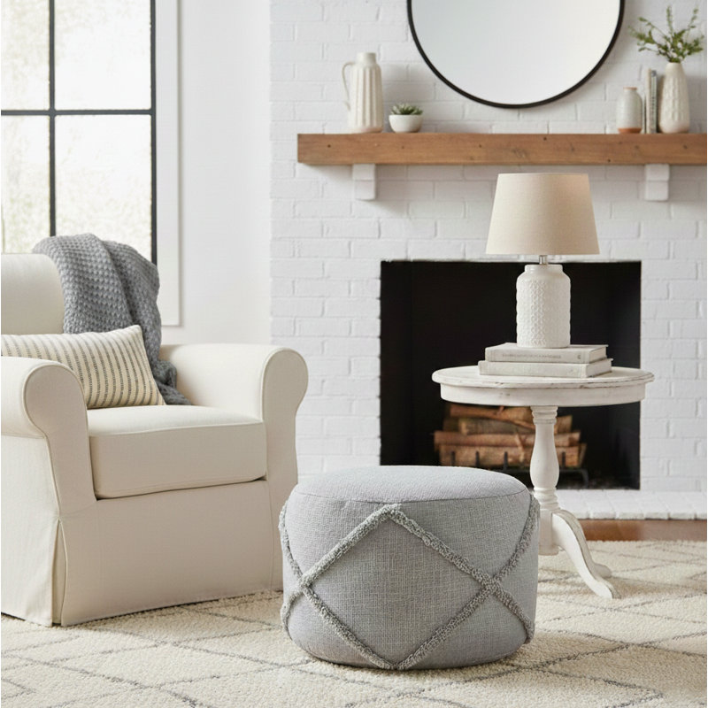 Ridgely Casual Handmade Tufted Cotton Round Upholstered Ottoman Pouf, Small, Gray