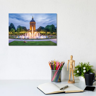 Mannheim Wasserturm And Friedrichsplatz Square At Night by Jan Becke - Wrapped Canvas Print