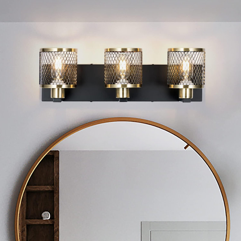 Luminaire de meuble-lavabo de salle de bain rétro avec motif de lanterne en maille, 3 lumières au-dessus du miroir, fonction à intensité variable, douille E26, finition noir mat et bronze