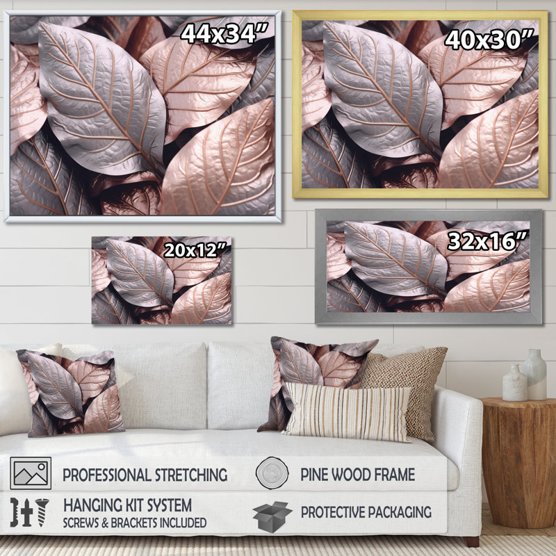 «Gold Pink Leafs Harmony I» sur toile, Cadre photo noir, H 24 po x l 32 po x P 1 po