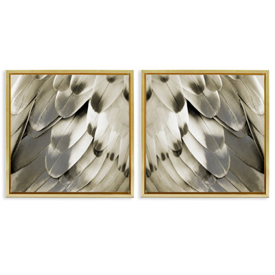 «Bird Feathers Vintage View», ensemble de 2 toiles flottantes encadrées dorées par Julia Bosco