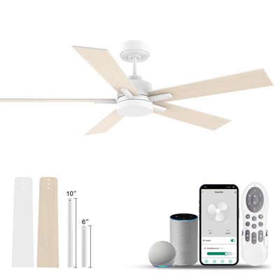 Ventilateur de plafond de 52 po avec lumière et télécommande Alexa APP Smart Ventilateur de plafond à fixation verticale avec lumières à DEL Pales en contreplaqué Moteur à courant continu silencieux réversible à intensité variable pour le salon