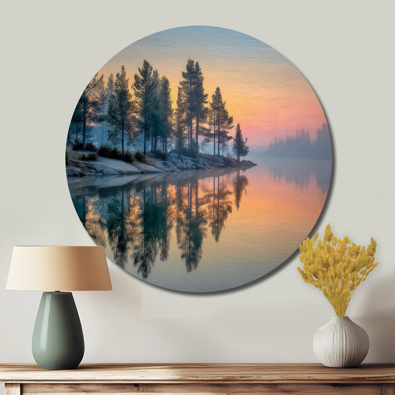 Coucher de soleil à l'aube, lac d'été, art mural rond en métal, L 29 po x H 29 po