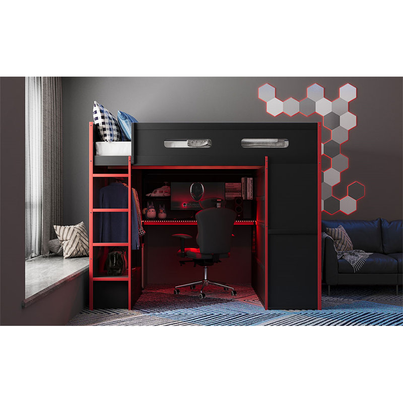 Lit mezzanine en bois avec bureau, Rouge