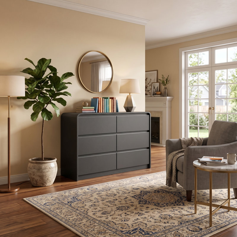 Commode 6 tiroirs moderne noire avec profil incurvé et rangement coulissant silencieux, Noir
