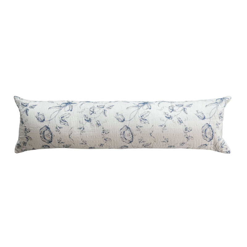 Blue Floral Patterned Cotton and Linen Lumbar Pillow