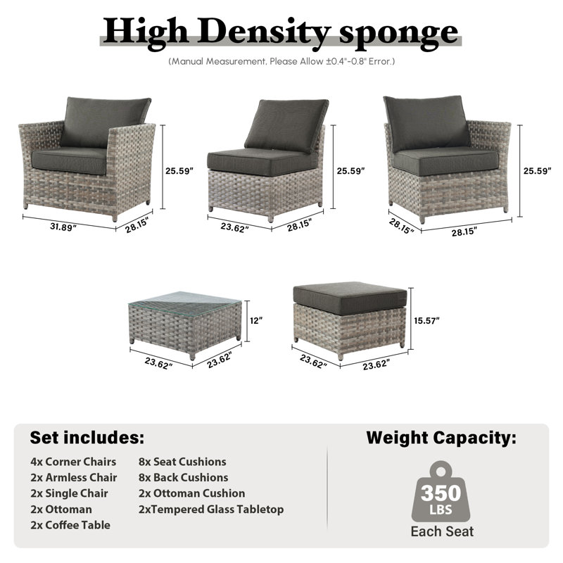 12- Piece No - Assembly Wicker Outdoor Patio Furniture Set with ottoman.include Cushions and table, Black