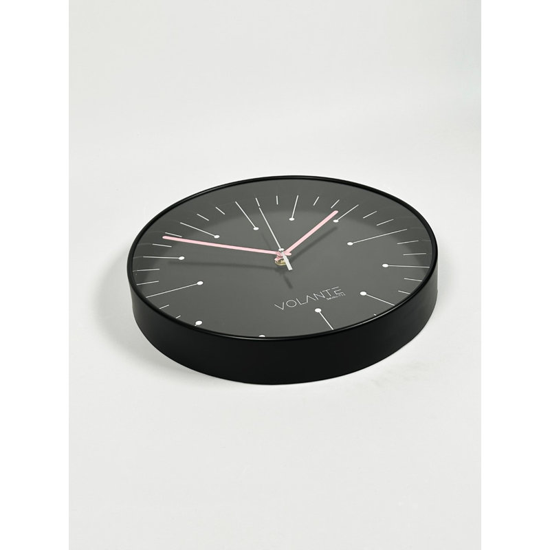 Stylish Decorative Wall Clock, Black & Pink, 11.8 x 11.8 x 1.8 inches | Durable 100% Plastic Frame with Real Glass Cover | Perfect for Home or Office Décor, Modern Design & Easy to Read