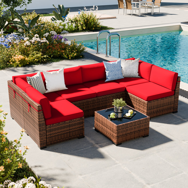 Treyshun Wicker Reversible Patio Seating Group with Cushions, Wine, No