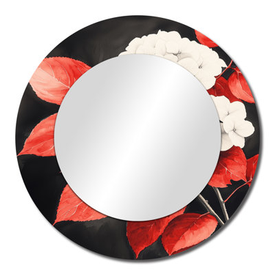 Monochrome Hydrangeas With Red Leaves I - Floral Accent Wall Mirror - Printed On Metal