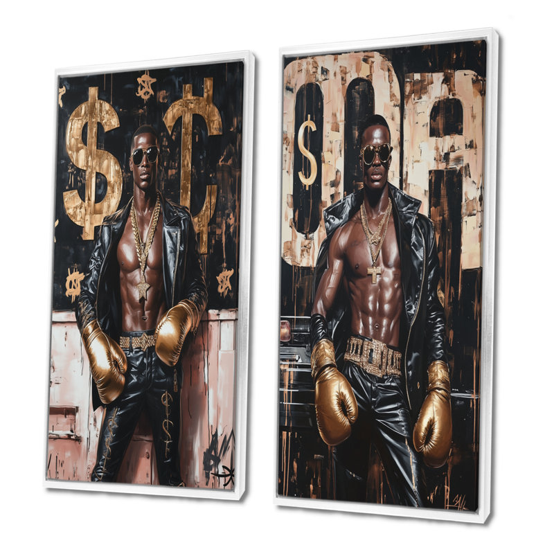 Boss Fighter, homme africain-américain, ensemble d'art mural 2 pièces, H 28 po x l 24 po, Impression encadrée, Blanc