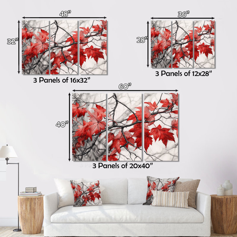 «Red Grey Leaves On Tree VII» sur toile, reproduction de 3 pièces, H 40 po x l 60 po x P 1 po