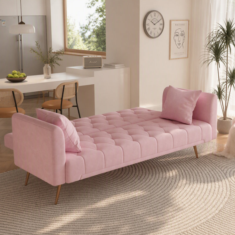 Canapé-lit deux places de 180 cm en velours rose, style rétro américain, idéal pour un petit salon, une chambre ou un bureau.