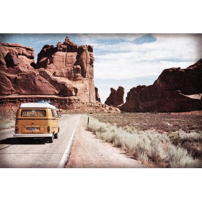 Yellow Bus In The Desert Pink Tint - Wrapped Canvas Art Prints