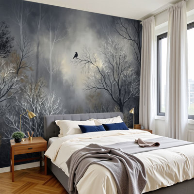 Papier peint adhésif à peler et coller, forêt mystique, arbres délicats, feuillages délicats, décorations murales en H 69 po x l 96 po, papier peint amovible en PVC, adhésif pour chambre, bureau à domicile