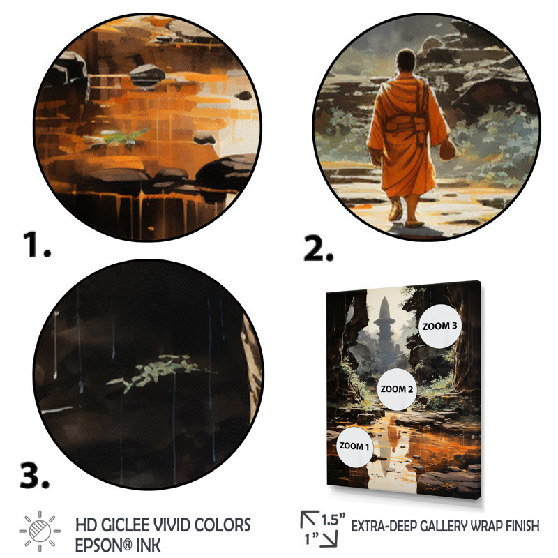 Art bouddhiste orange, empreintes de bouddhas II - art mural bouddhiste, salon, L 24 po x H 32 po, Cadre photo argenté