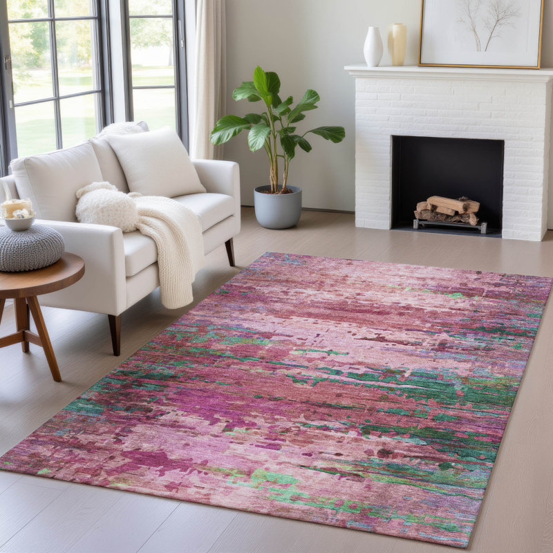 Machine Washable Indoor/Outdoor Xhevrie Pink Rug, Rectangle 2'6" x 3'10"